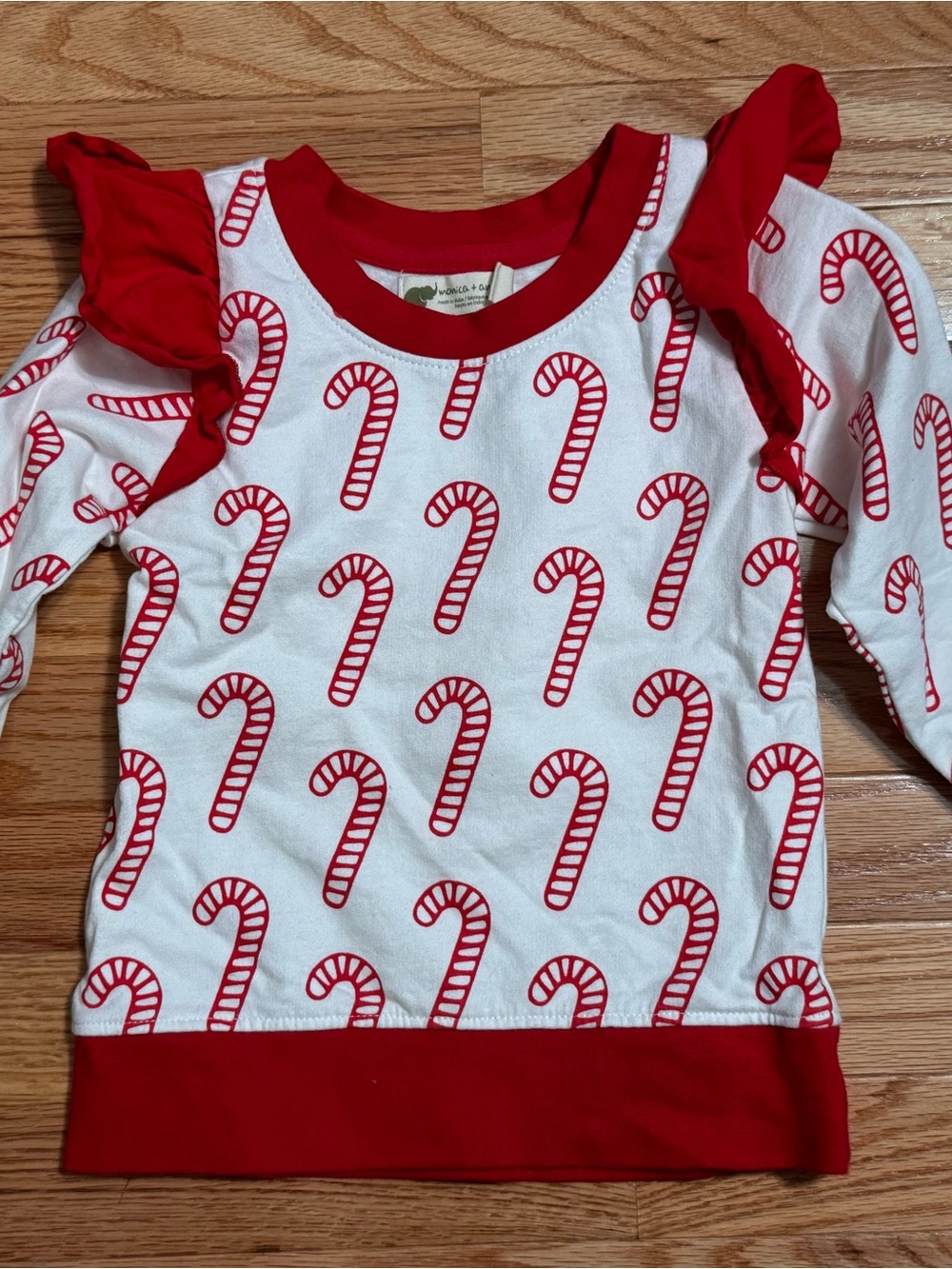Girls Red Candy Cane Print Ruffle Sweatshirt